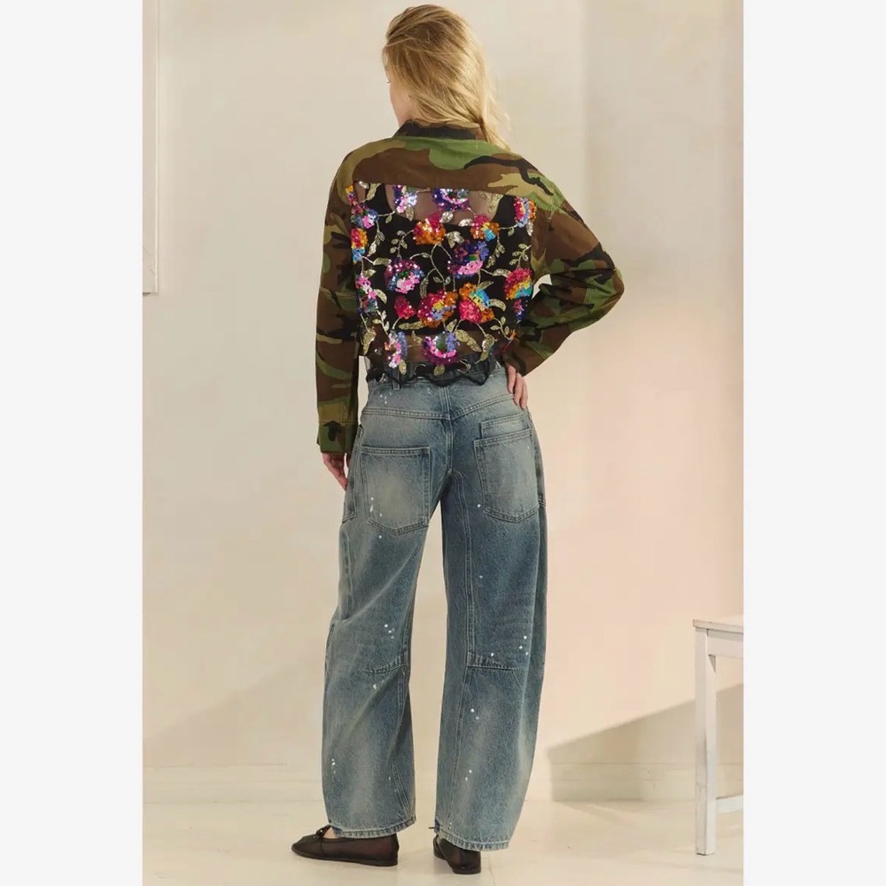 Camo denim cotton sequin Jean floral flower mineral bohemian wash coat jacket - Picture 6 of 9